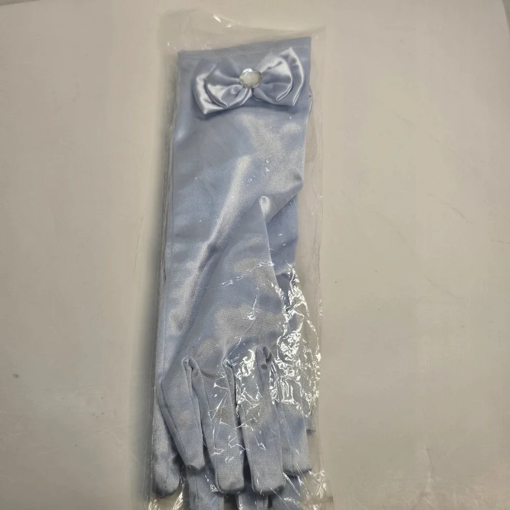 Girls Light Blue Satin Princess Gloves with Bow‎ and Rhinestone Formal Costume